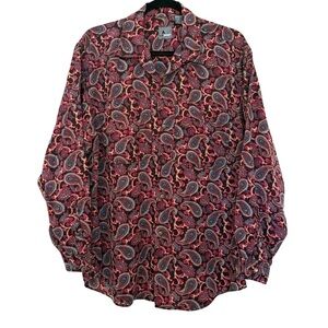 Lizwear 100% Rayon Vintage paisley print Button Collared Long Sleeve Blouse,  L